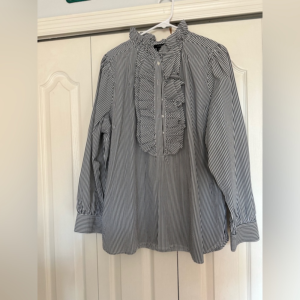 J. Crew Black and White Striped Ladies Ruffled Collar Tunic Blouse